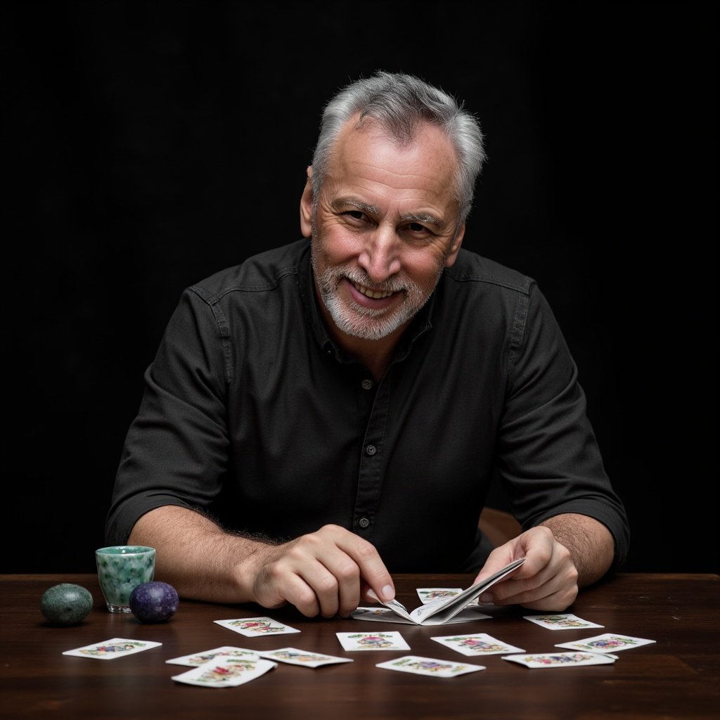 Homme mature souriant pratique les arts divinatoires devant lui un tirage de cartes de Tarot pendant une voyance de qualité