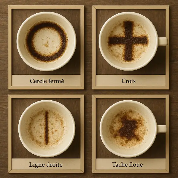figures de marc de café dans la cafédomancie Quatre tasses de café avec des fonds marqués chacune par des marc de café illustration de la pratique la cafédomancie que des voyantes pratiquent la cafédomancie dans la voyance orientale de qualité