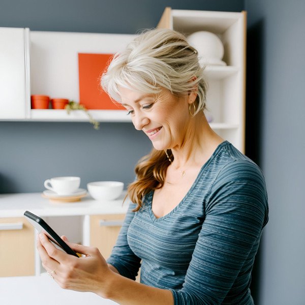 femme souriante style eureopéen écrit au téléphone pendant la voyance de qualité par Tchat