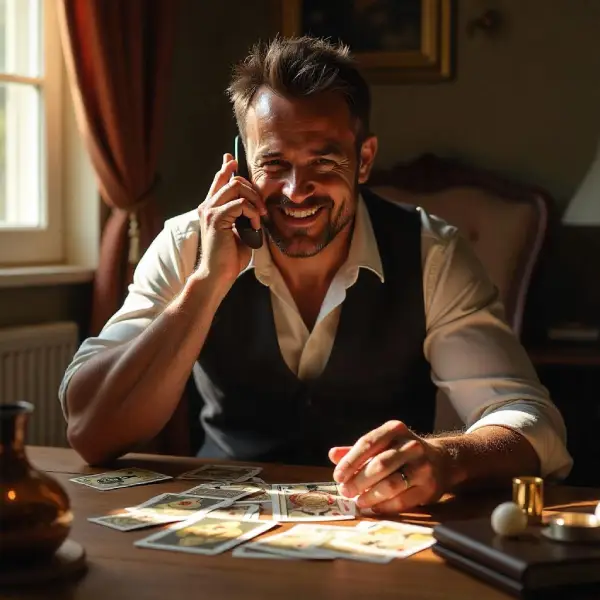jeune homme voyant et médium tient un téléphone assis devant un jeux de carte chambre ensoleillée pendant une voyance de qualité privée en ligne
