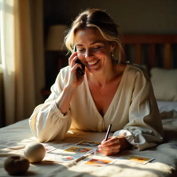 jolie femme moderne souriante tient un téléphone assise davant un tirage des cartes de Tarot pendant une voyance privée en ligne