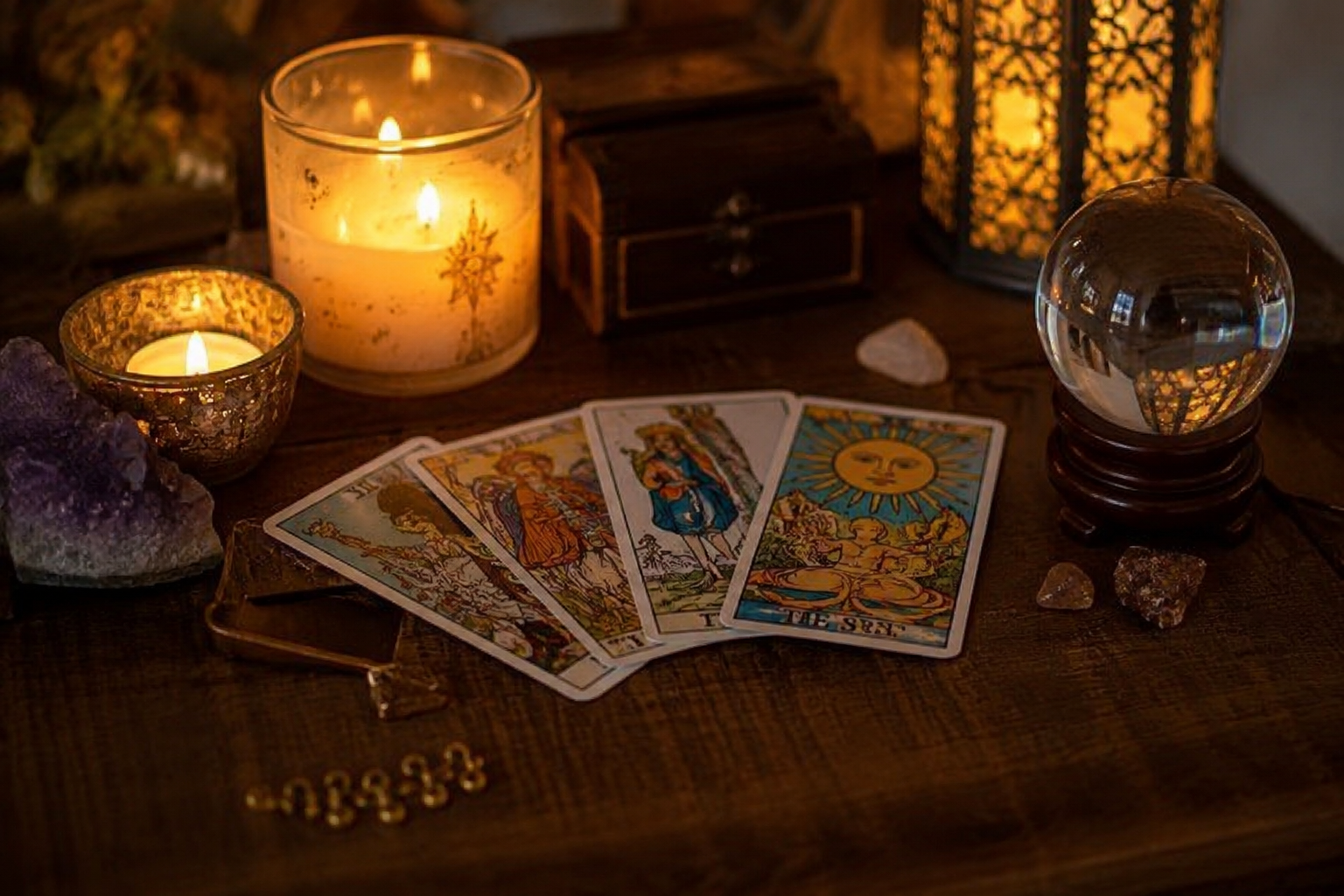 Consultation de voyance sans CB avec cartes de tarot, bougies et boule de cristal dans une ambiance mystique et chaleureuse.